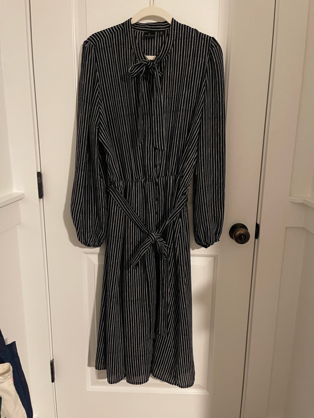 Worthington Black and White Pinstripe Long Sleeve Tie-Neck Midi Dress